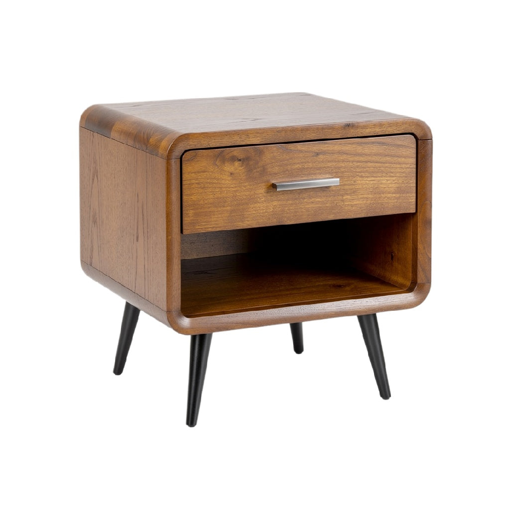 Mid-Century Modern Wooden Nightstand with Drawer and Open Shelf